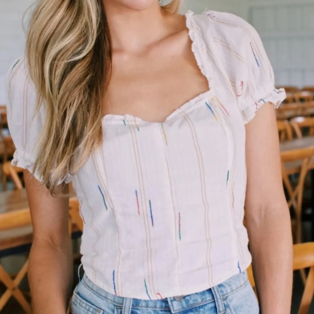 Free People Serotonin Corset Top White Puff Sleeve Top Colorful Rainbow Stitches